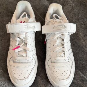 adidas women’s White Leather Sneakers with Pink Accent